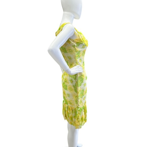 Vintage 1960s Mod Floral Wiggle Dress‎ Ruffle Ruched Bodice Organza Chiffon JS - Picture 5 of 14